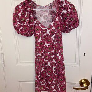 Zara Women’s Pink Floral Balloon Sleeve Smocked Mini Dress
